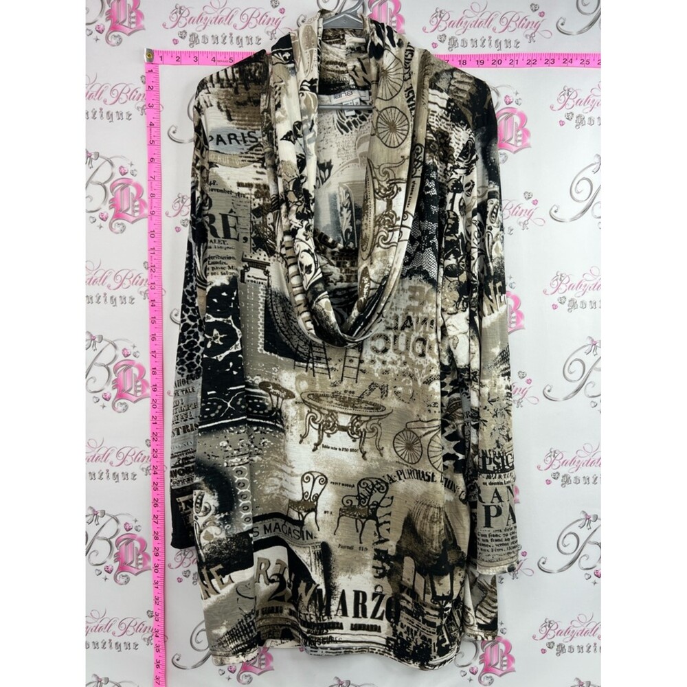 Lana Lee shirt Paris cafe magazine Cowl Neck Printed Tunic Top - Beige & Black